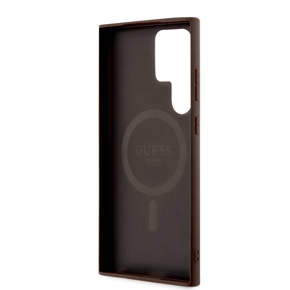 Guess Galaxy S24 Ultra Orjinal Lisanslı M-safe Şarj Özellikli PU Halkalı 4G Desenli Yazı Logolu Kılıf Guess Galaxy S24 Ultra Orjinal Lisanslı M-safe Şarj Özellikli PU Halkalı 4G Desenli Yazı Logolu Kılıf